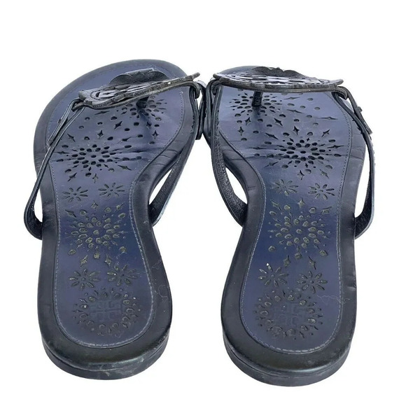 Tory Burch Miller Scallop Leather Sandals Navy Blue/Black Slide Women’s Size 10 - Picture 7 of 9